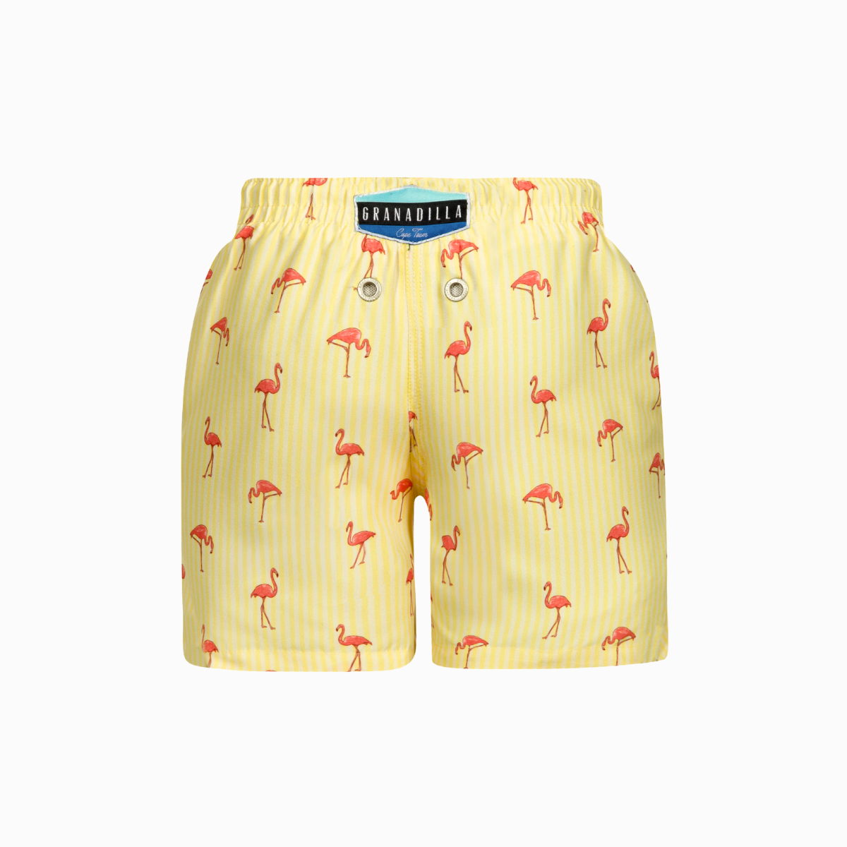 Yellow kids swim shorts with pink flamingo pattern