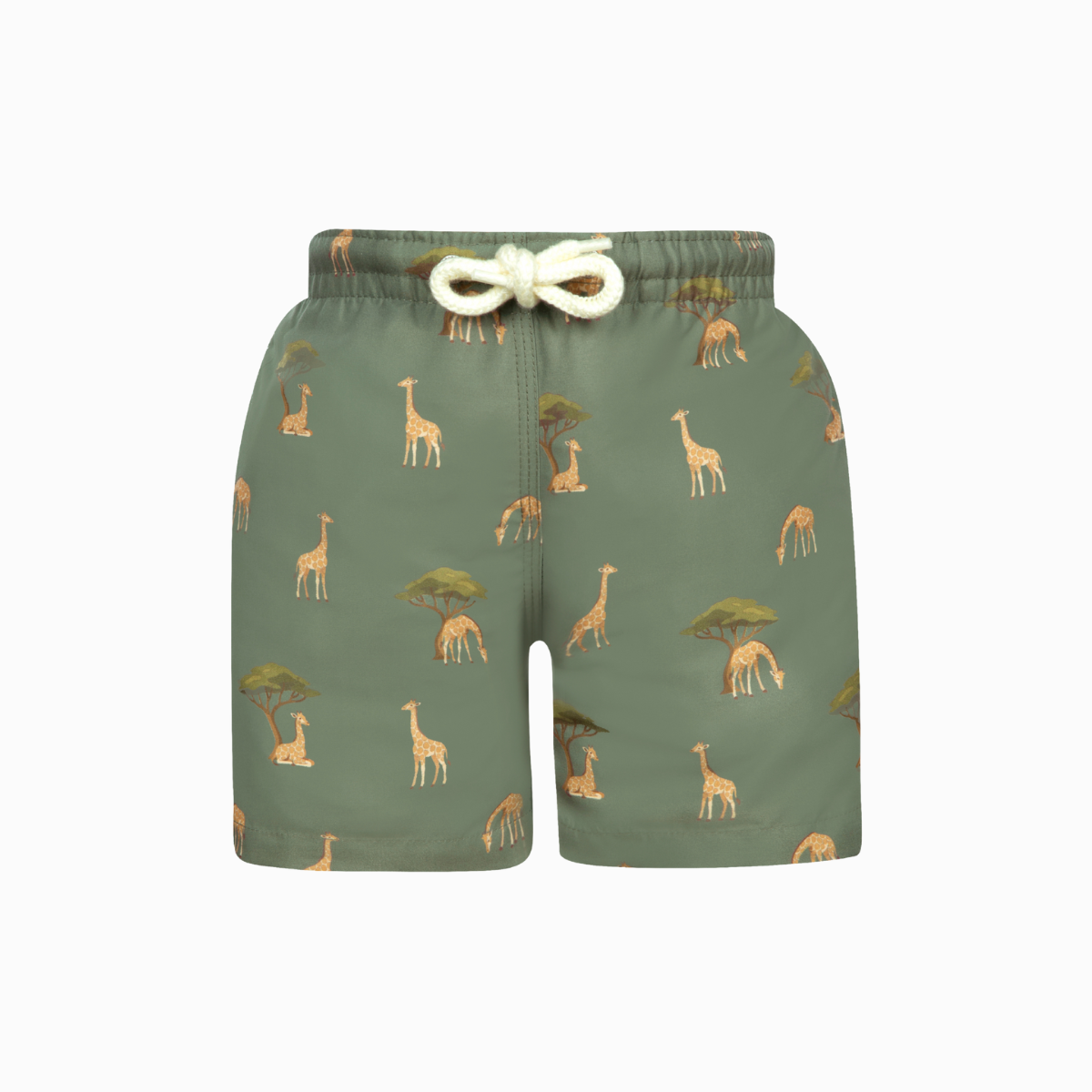 Green kids swim shorts with giraffe print