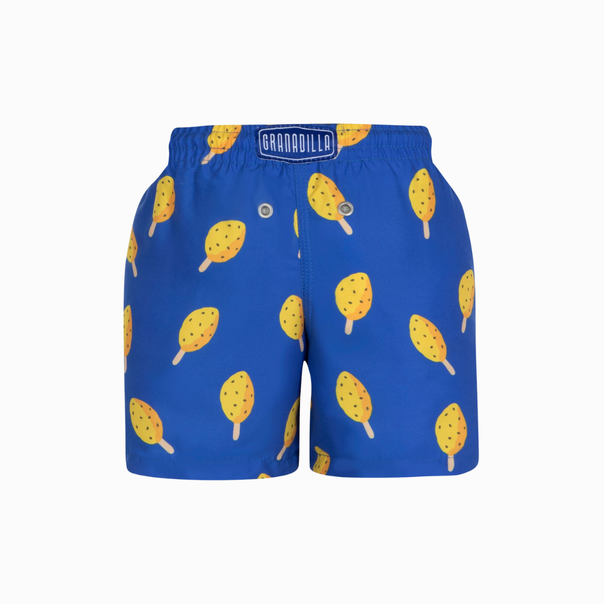 Cobalt blue kids swim shorts with granadilla lolly design