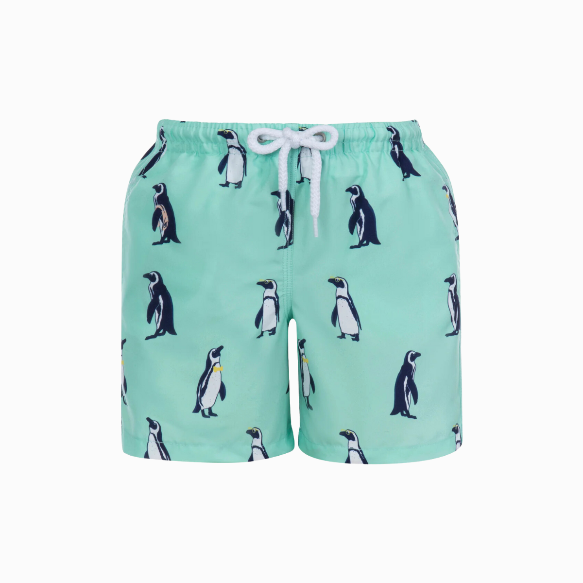 Mint green kids swim shorts with penguins design