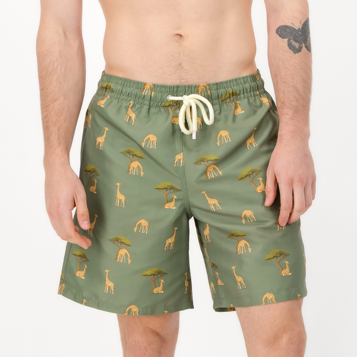 Mens Long Length Swim Shorts | Giraffes / Green