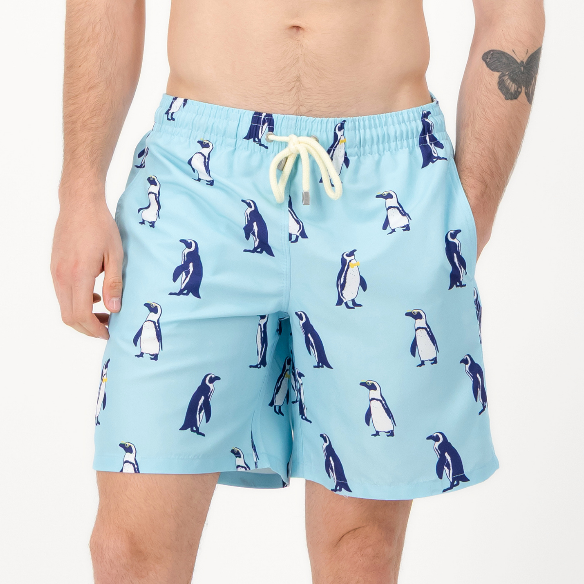 Mens Long Length Swim Shorts | Penguins / Baby Blue