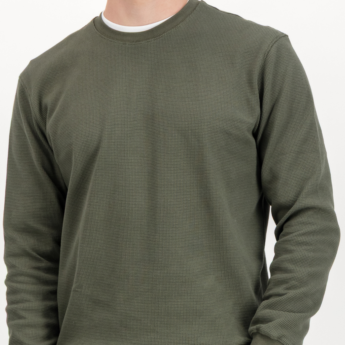 Mens Textured Long Sleeve Top | Plain / Olive | Waffle