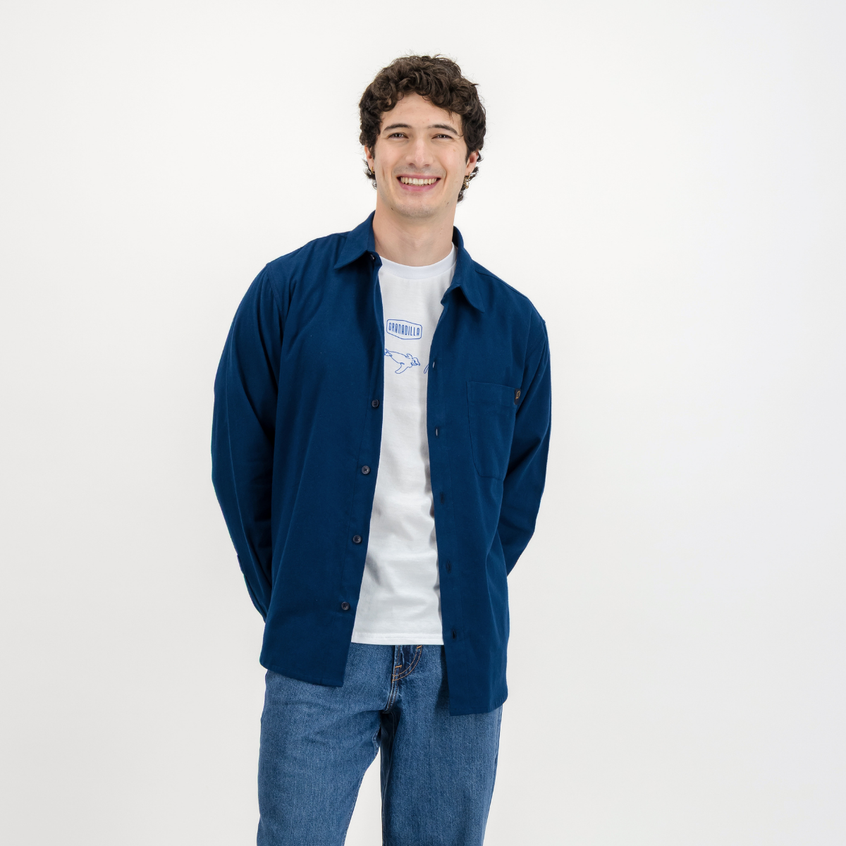 Mens Long Sleeve Shirt | Plain / Dark Navy | Flannel