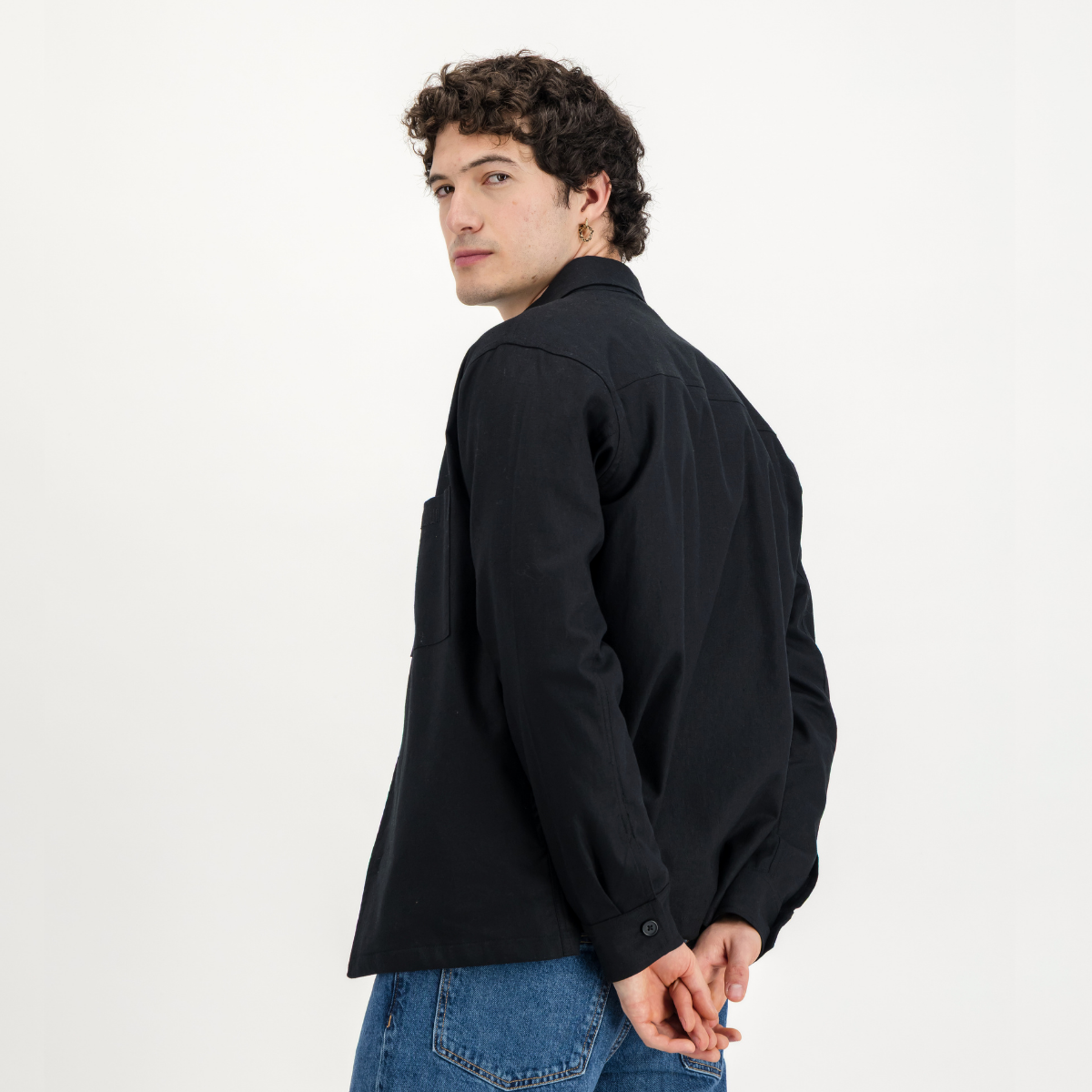 Mens Shacket with Side Entry Pockets | Plain / Black | Linen Blend