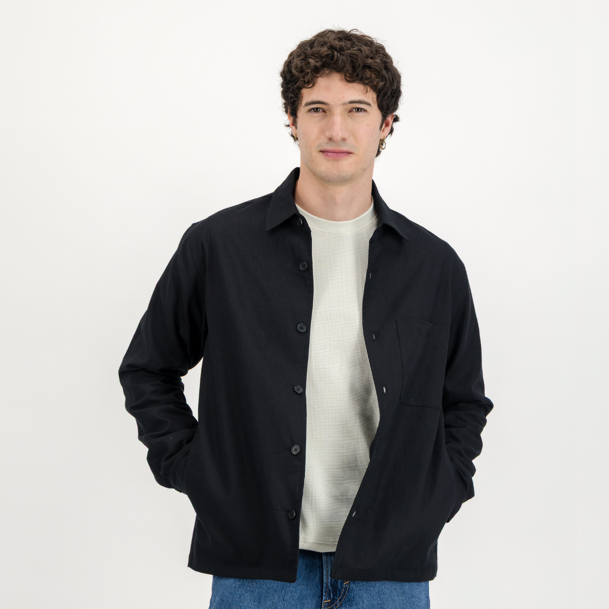 Mens Shacket with Side Entry Pockets | Plain / Black | Linen Blend