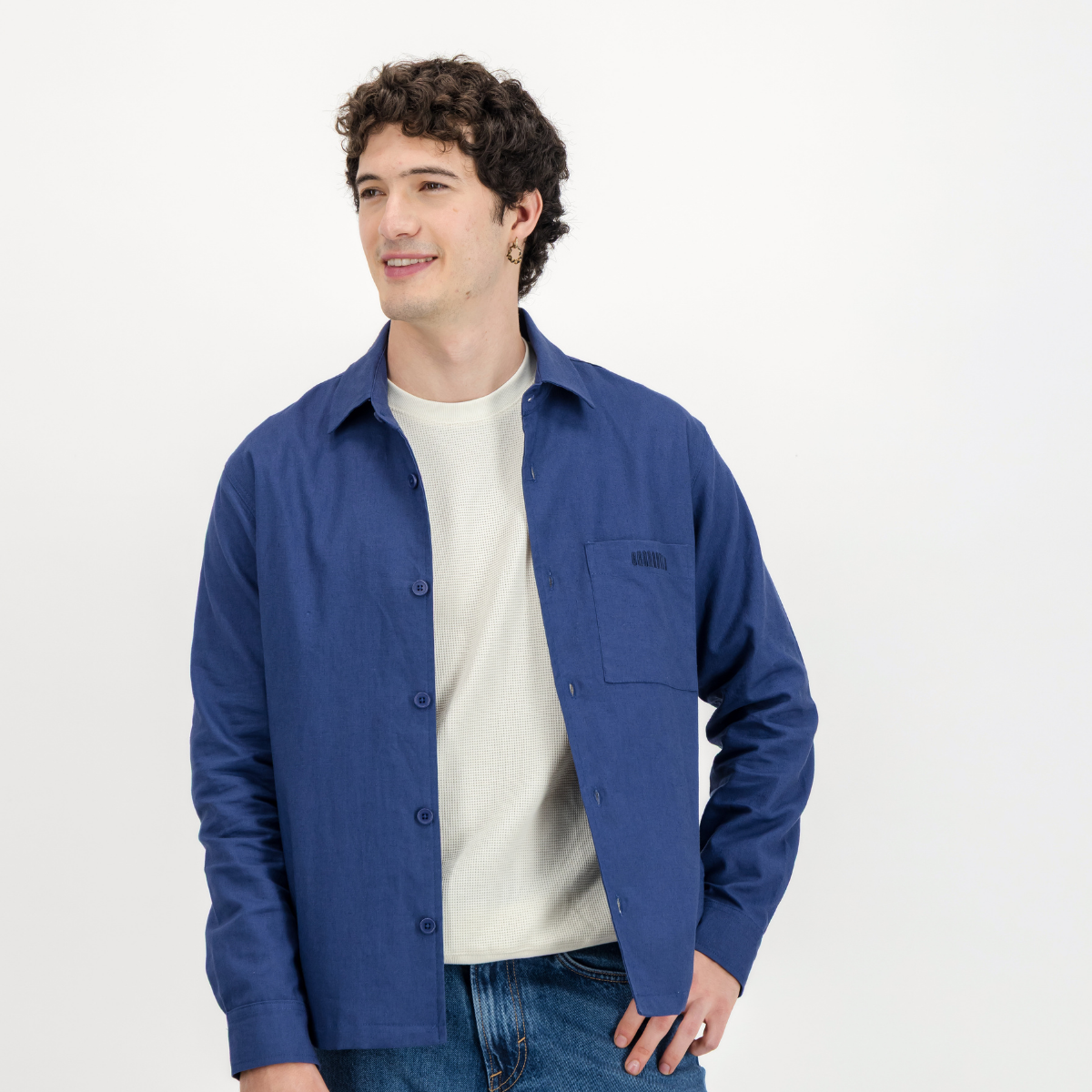Mens Shacket with Side Entry Pockets | Plain / Blue | Linen Blend