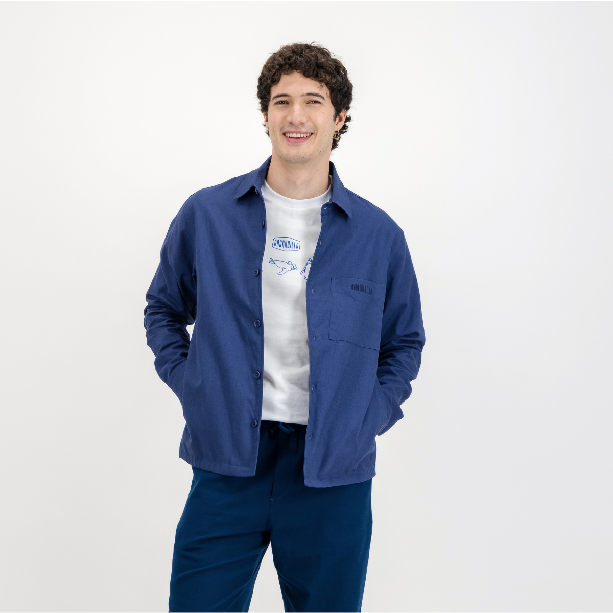 Mens Shacket with Side Entry Pockets | Plain / Blue | Linen Blend