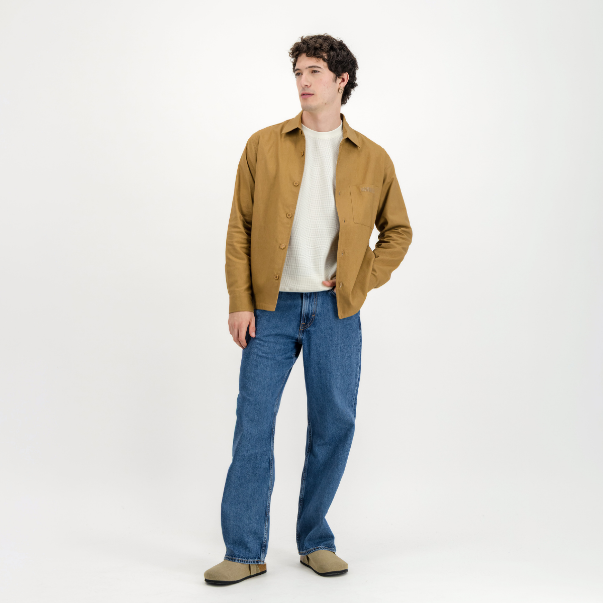 Mens Shacket with Side Entry Pockets | Plain / Camel | Linen Blend