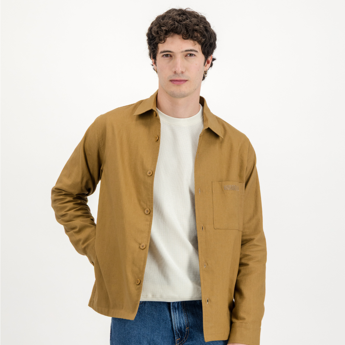 Mens Shacket with Side Entry Pockets | Plain / Camel | Linen Blend