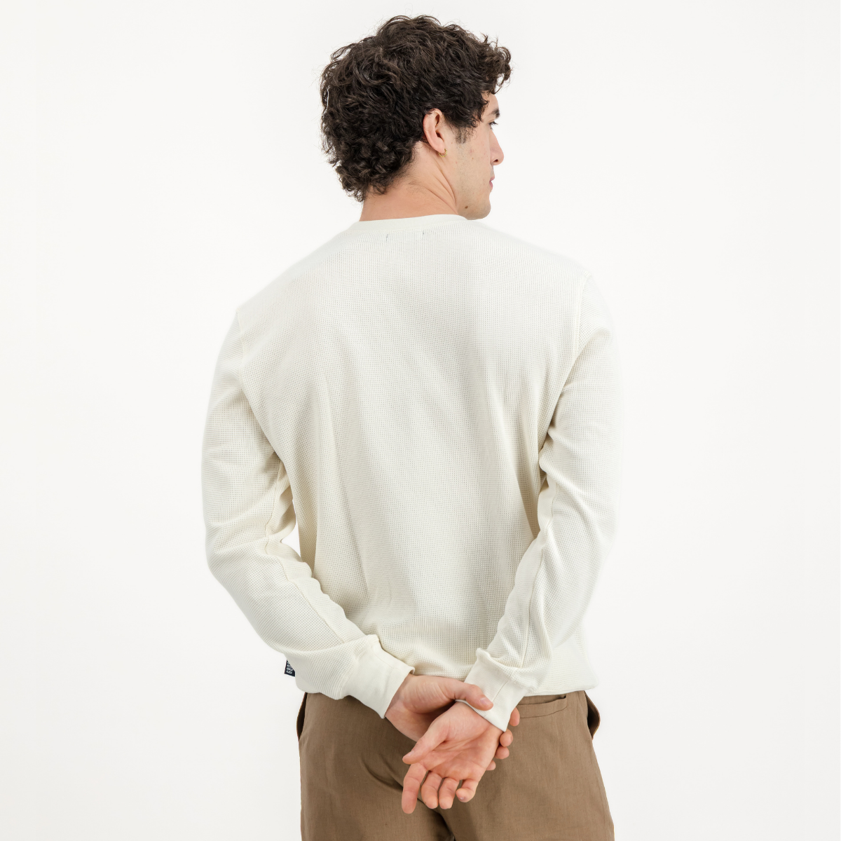 Mens Textured Long Sleeve Top | Plain / Off-White | Waffle