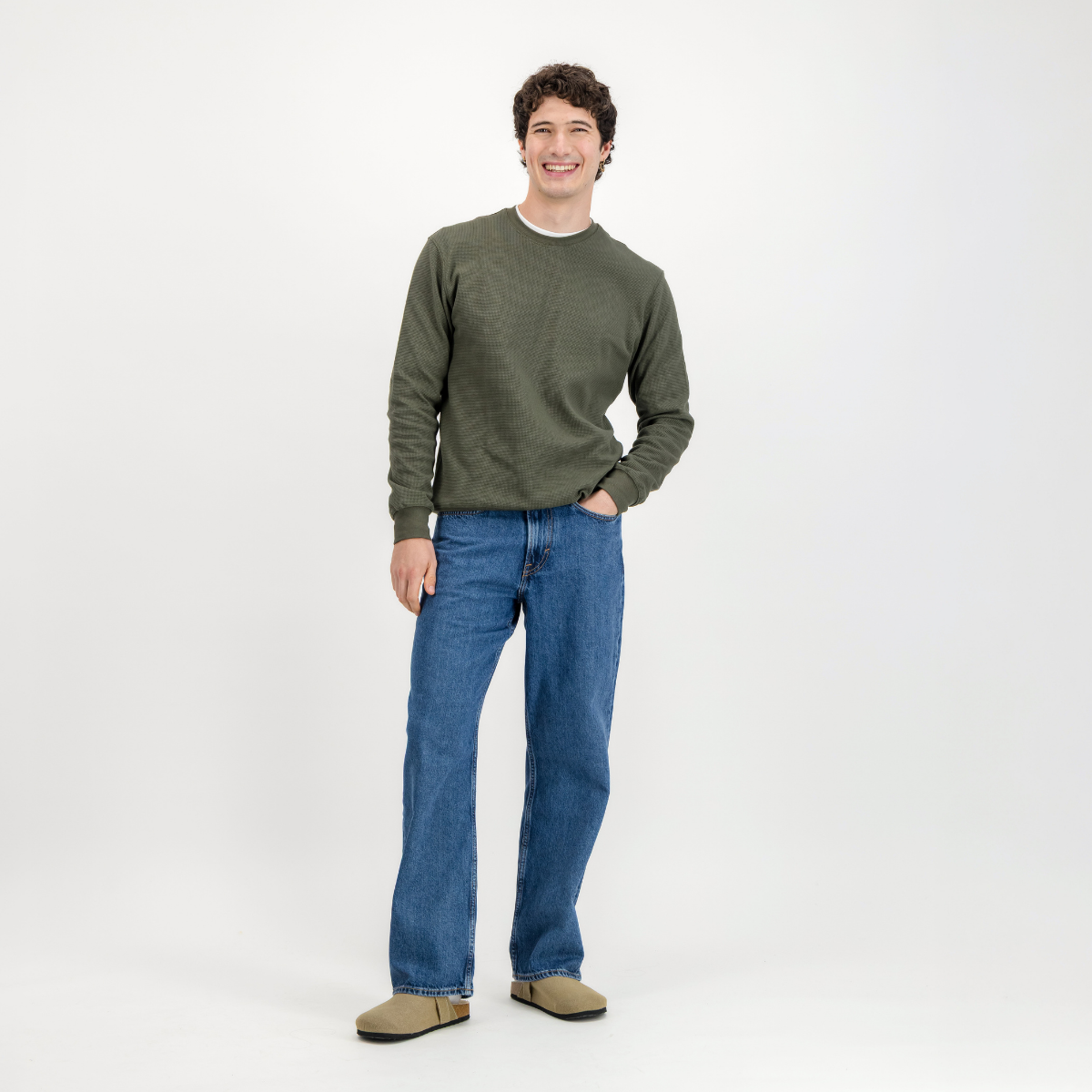 Mens Textured Long Sleeve Top | Plain / Olive | Waffle