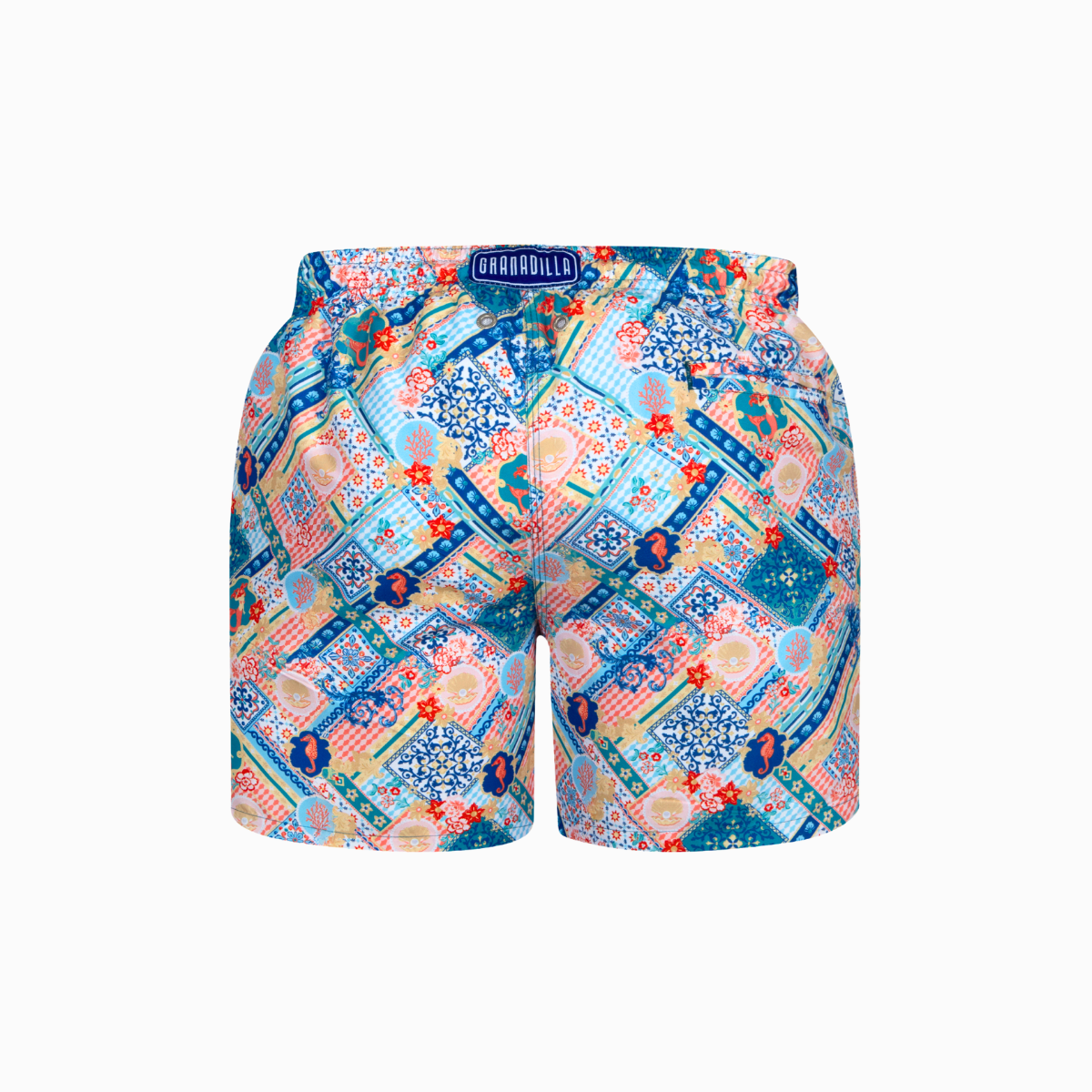 Blue mosaic tile patterned swim shorts.