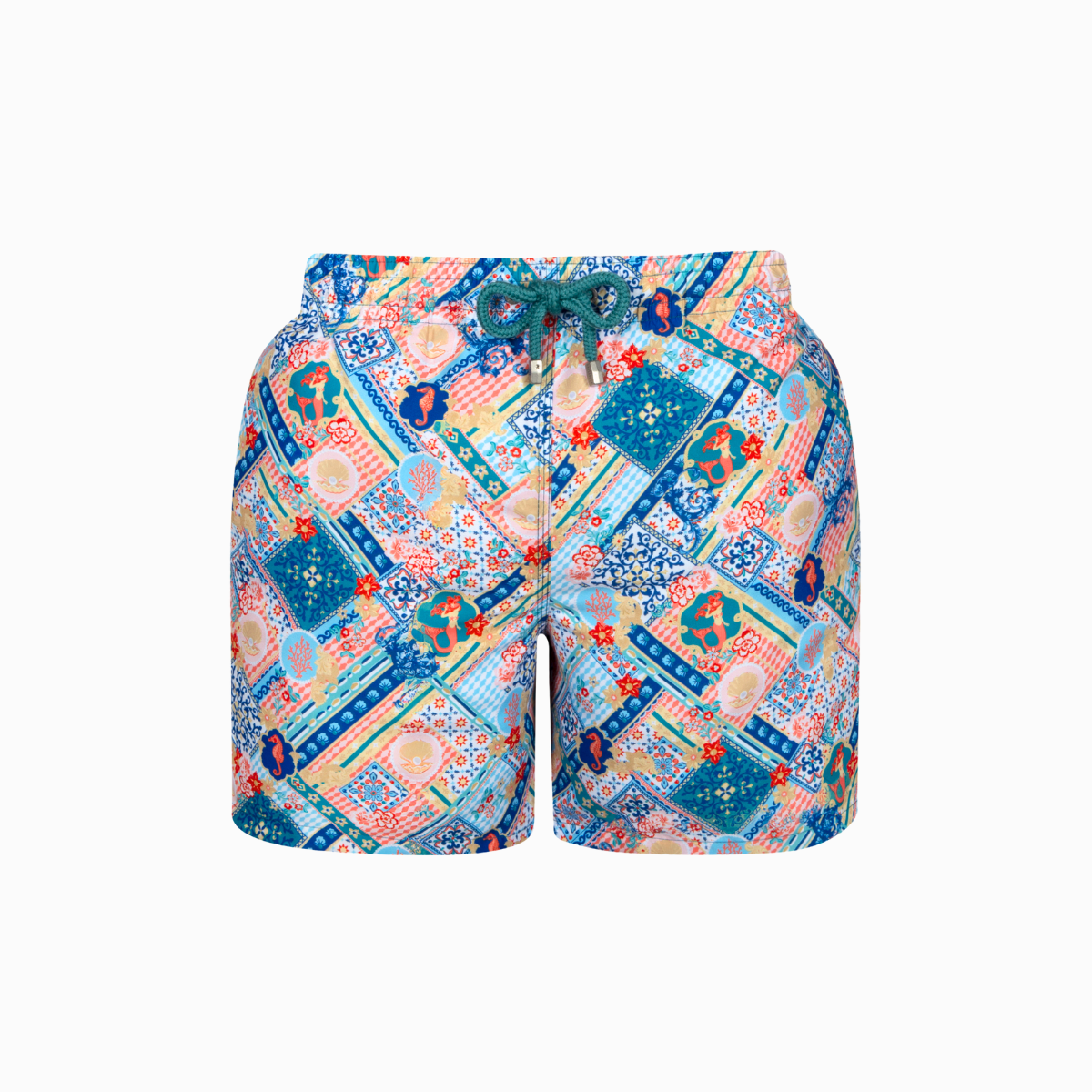 Blue mosaic tile patterned swim shorts.