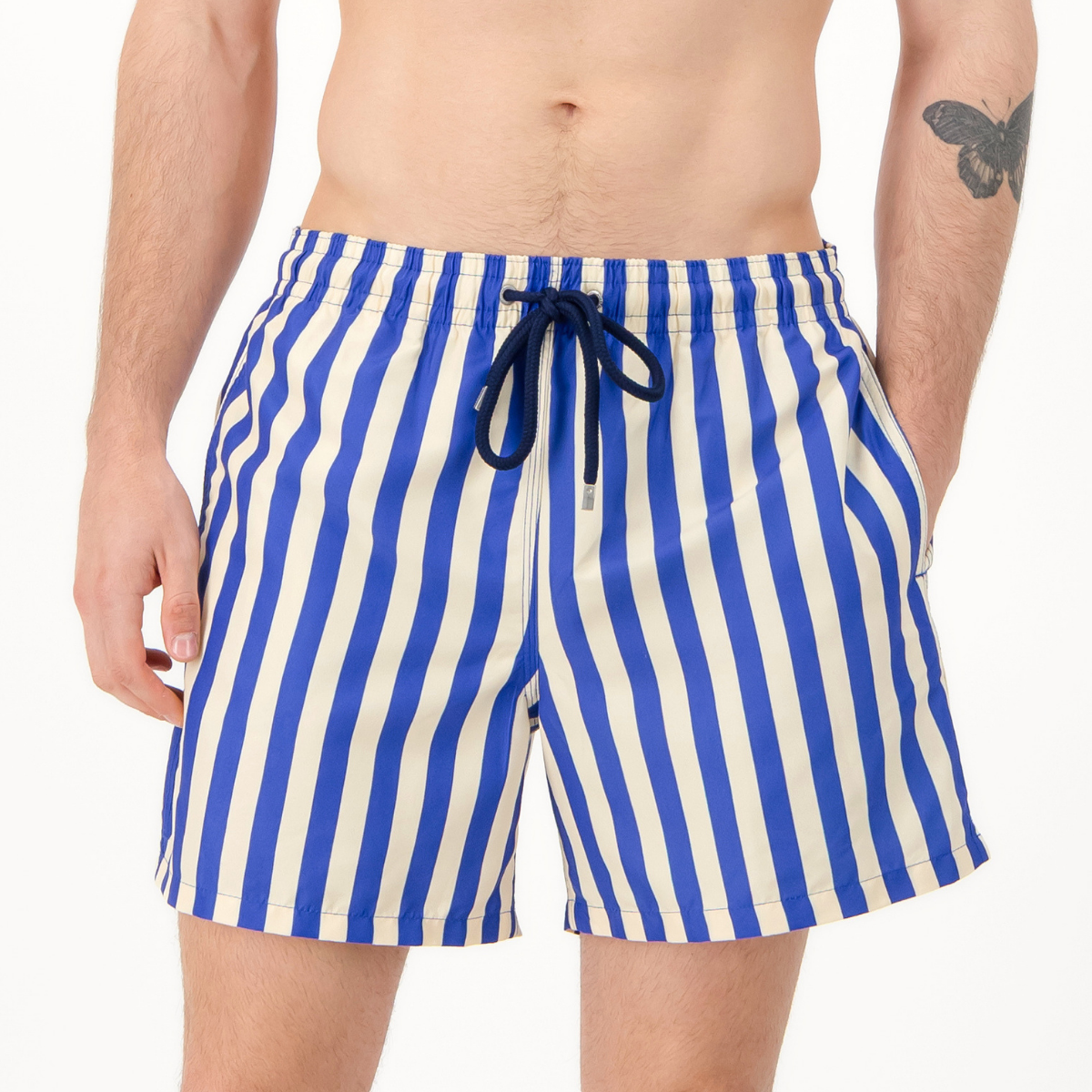 Mid-Length Swim Shorts | Blue Stripe / Yellow