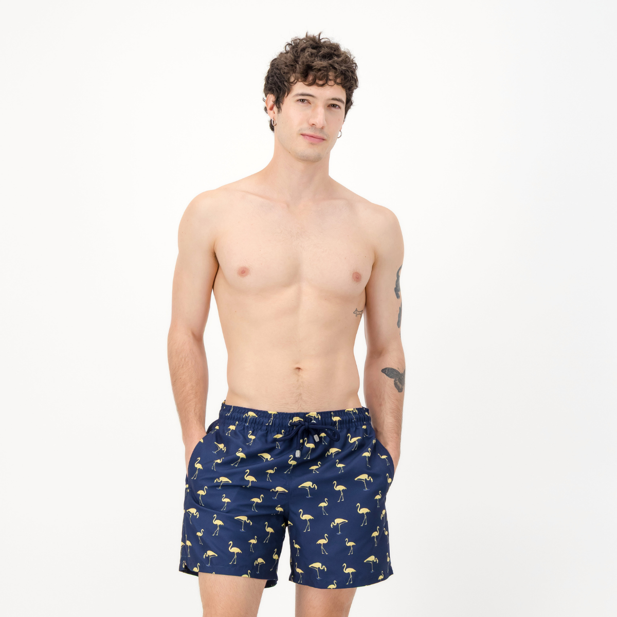 Mid-length Swim Shorts | Yellow Flamingos / Navy