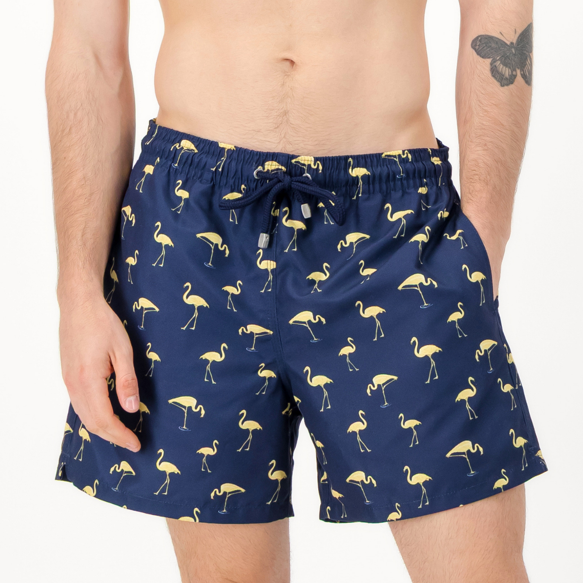 Mid-length Swim Shorts | Yellow Flamingos / Navy