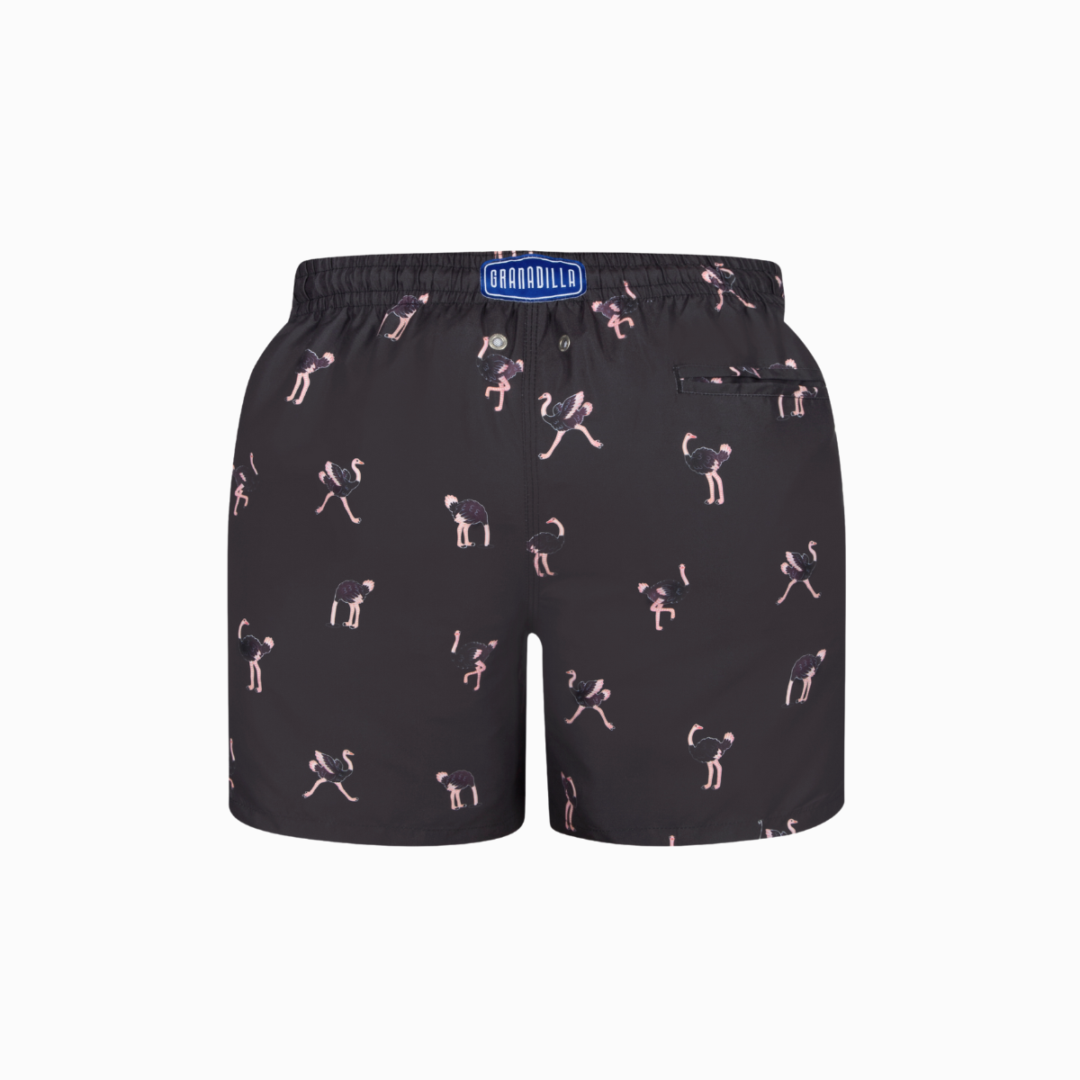 Black shorts with a pattern if ostrich on a white background