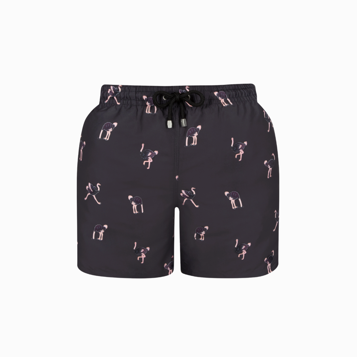 Black shorts with a pattern of ostrich on a white background