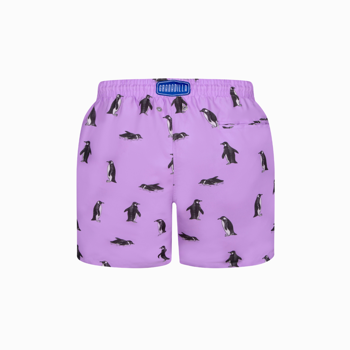 Purple swim shorts with penguin pattern on a white background