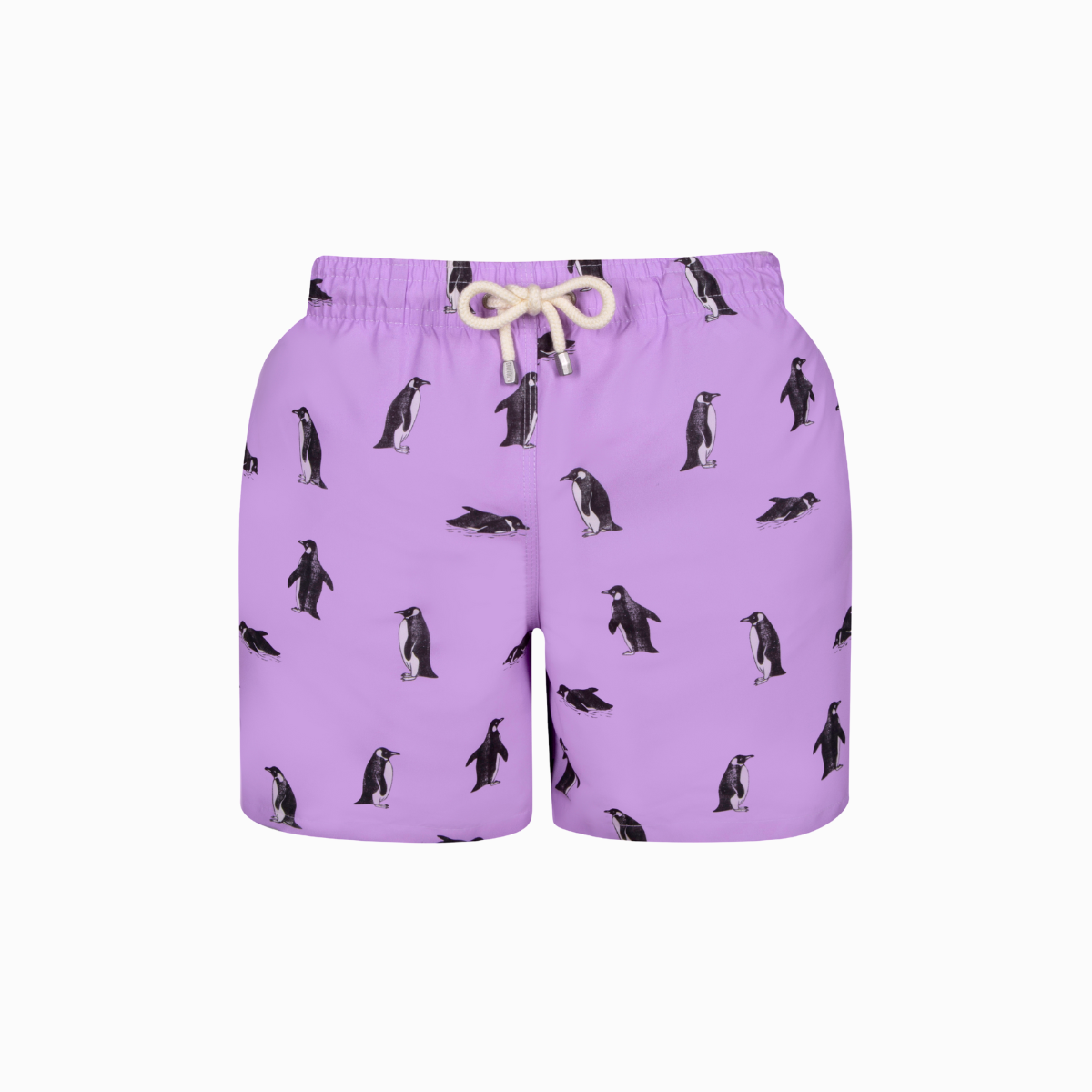 Purple swim shorts with penguin pattern on a white background