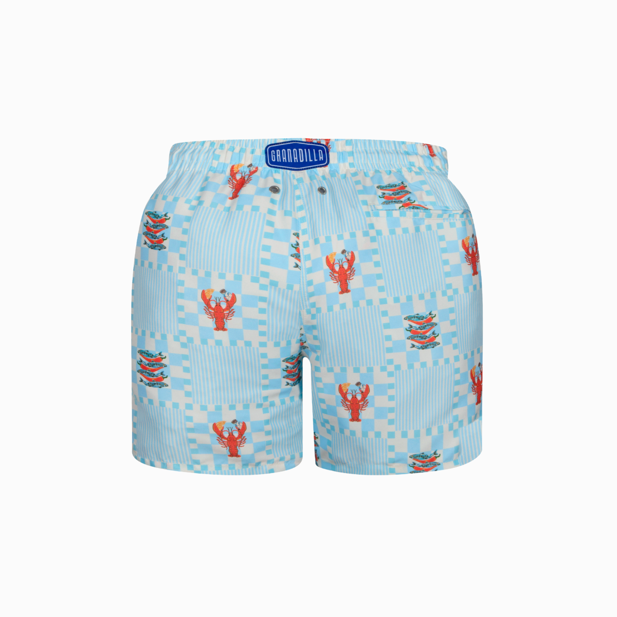 Blue checkered swim shorts with red lobster and sardines pattern on a white background