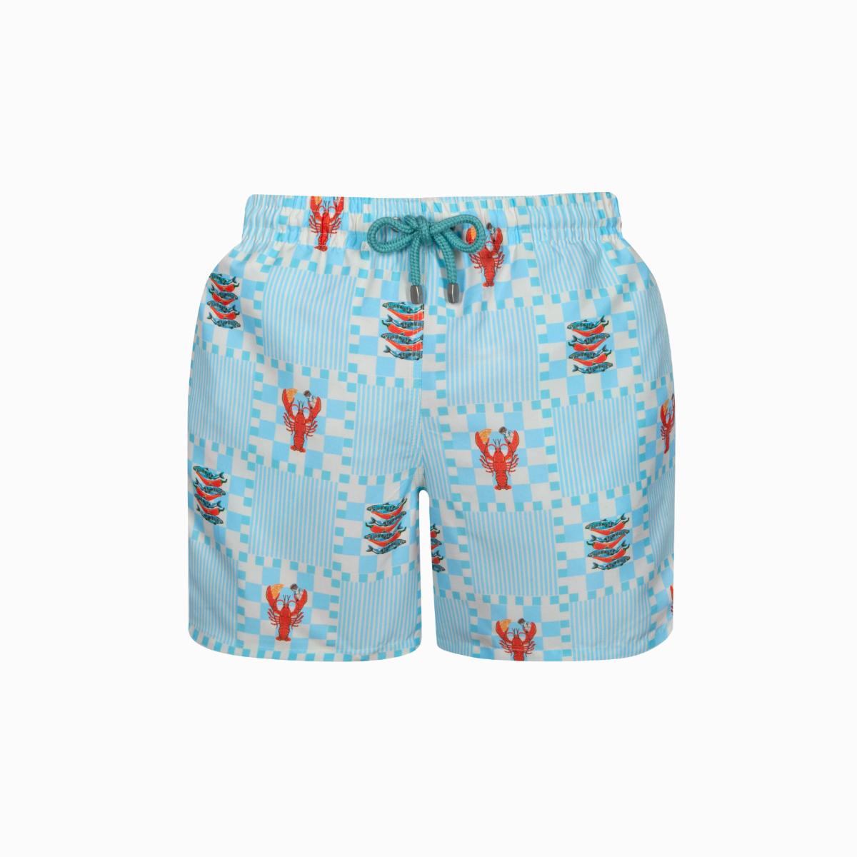 Light blue checkered swim shorts with red lobster and sardines pattern on a white background