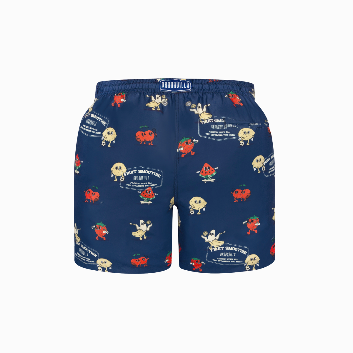 Navy blue swim shorts with colorful cartoon character print on a white background