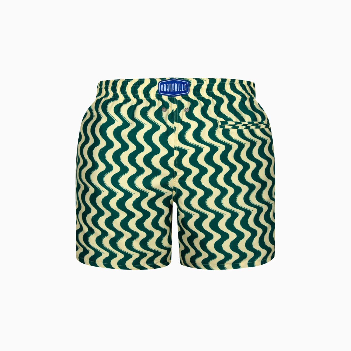 Green and cream wavy patterned shorts with a Granadilla label on a white background