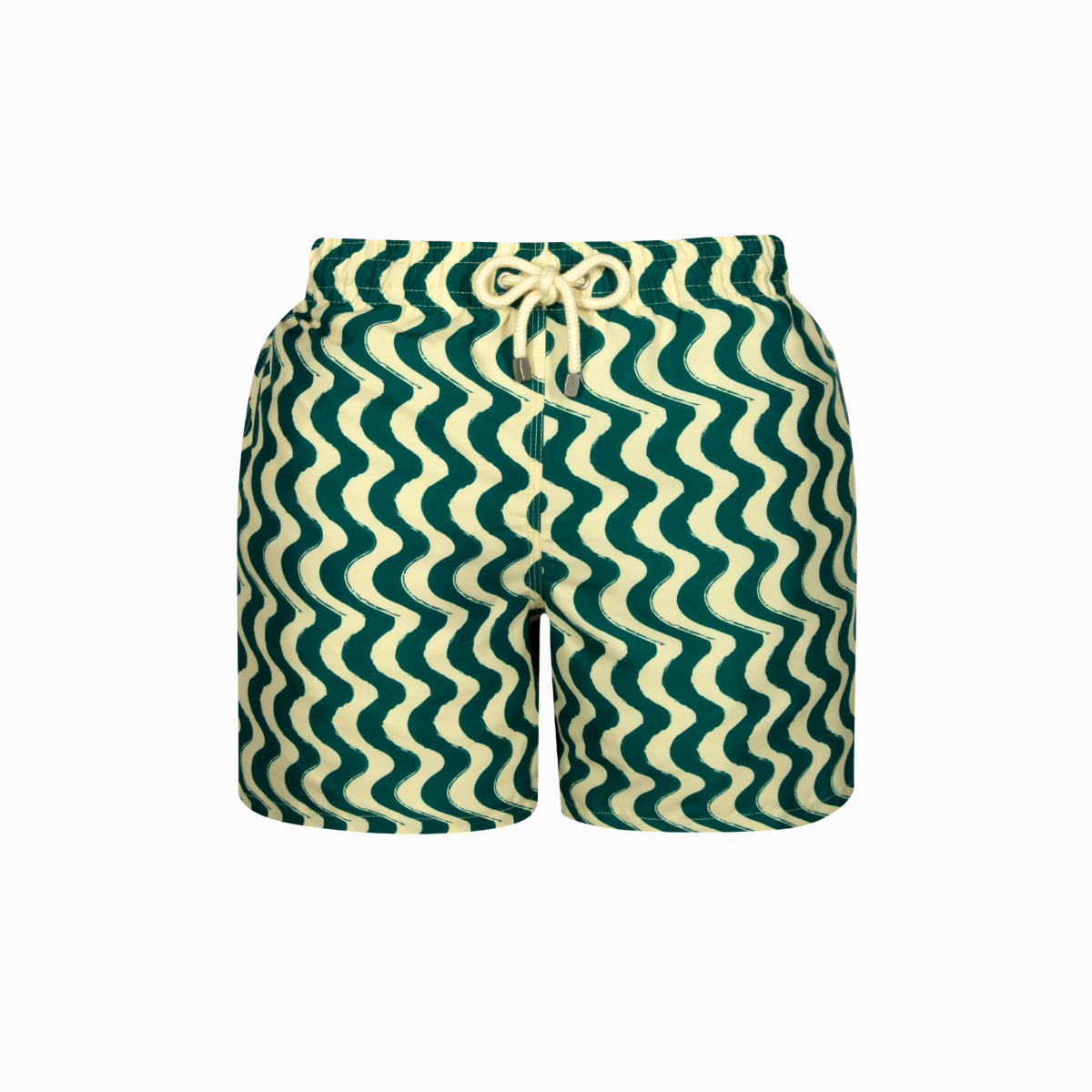cream and green wavy patterned shorts on a white background