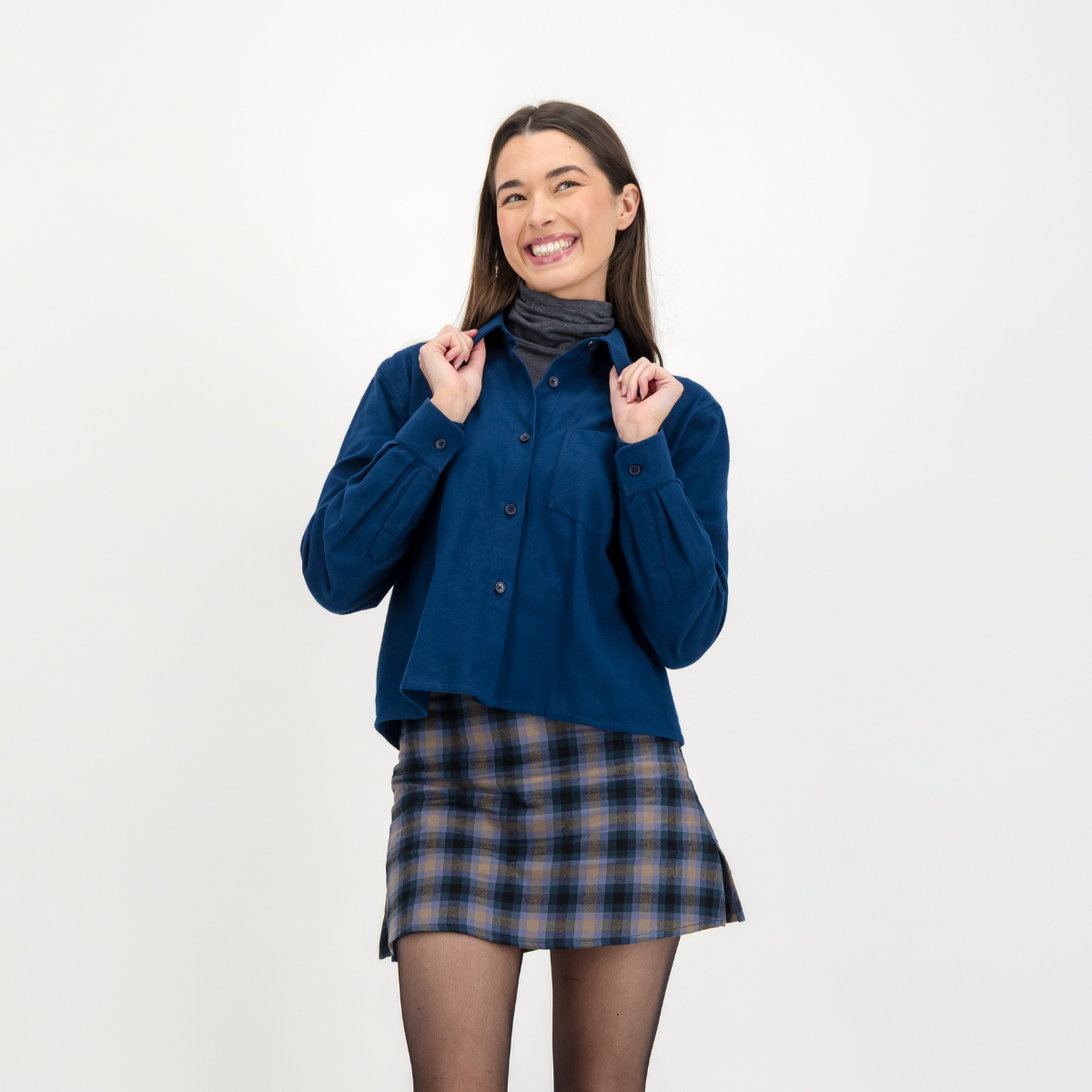 Womens Long Sleeve Shirt | Plain / Dark Navy | Flannel
