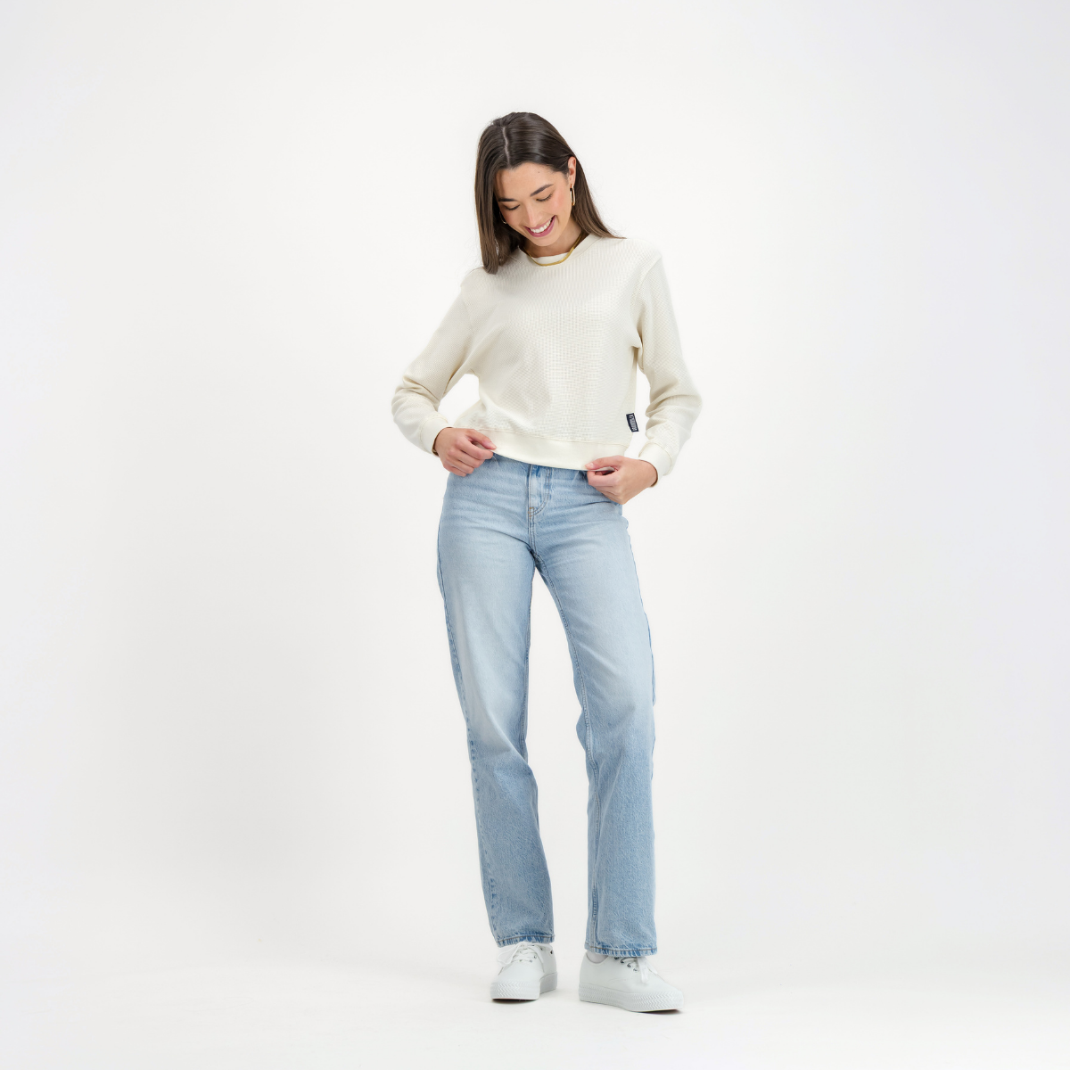Womens Textured Long Sleeve Top | Plain / Off-White | Waffle