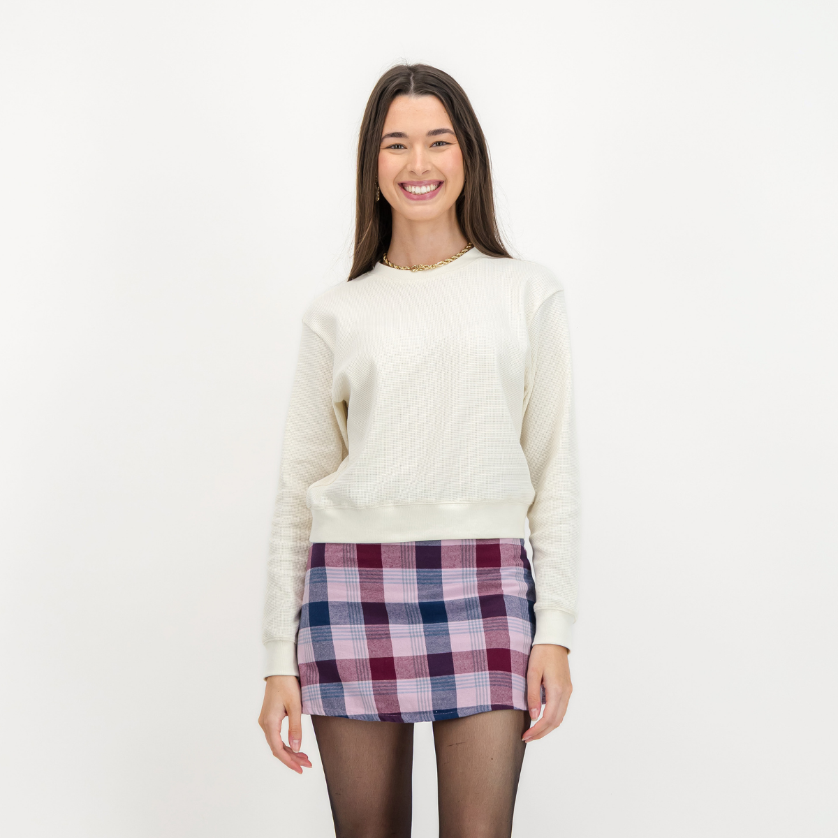 Womens Textured Long Sleeve Top | Plain / Off-White | Waffle