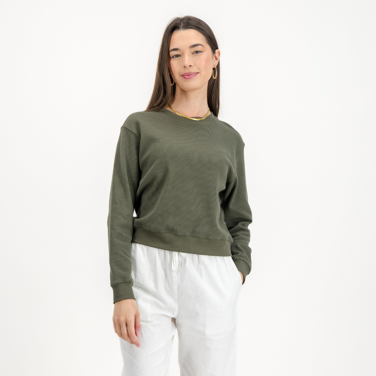 Womens Textured Long Sleeve Top | Plain / Olive | Waffle