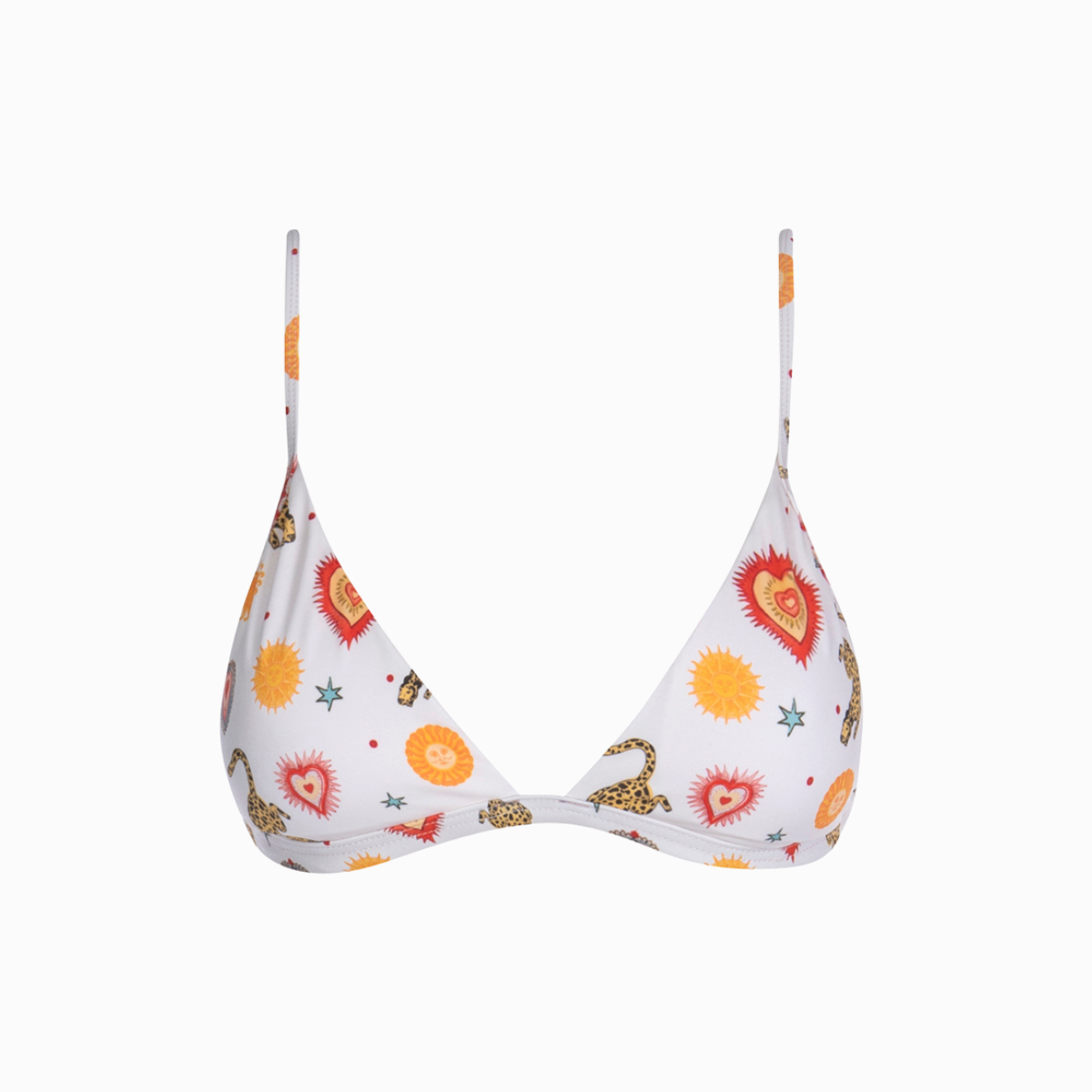 A milky white bralette style bikini top featuring prints of helios suns and leopards