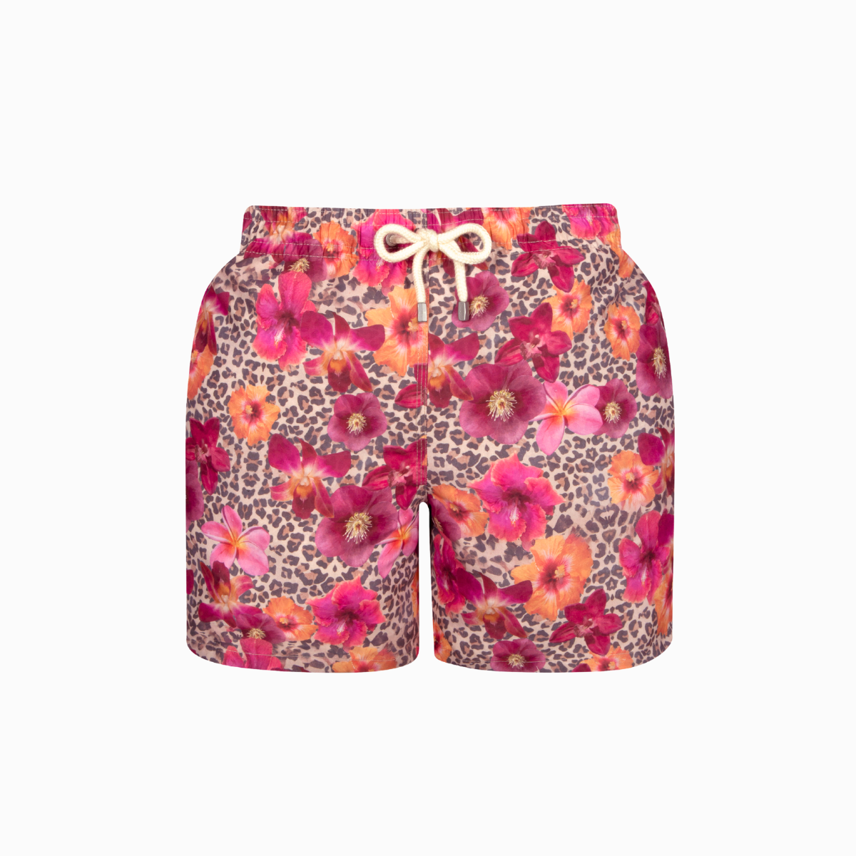 Floral and leopard print shorts on a white background