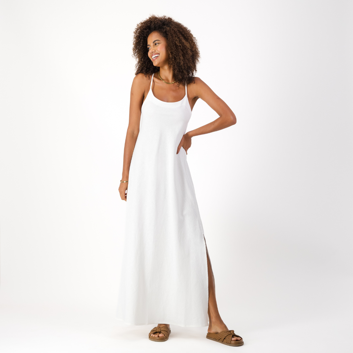 Womens Long Strappy Shift Dress / Plain / White