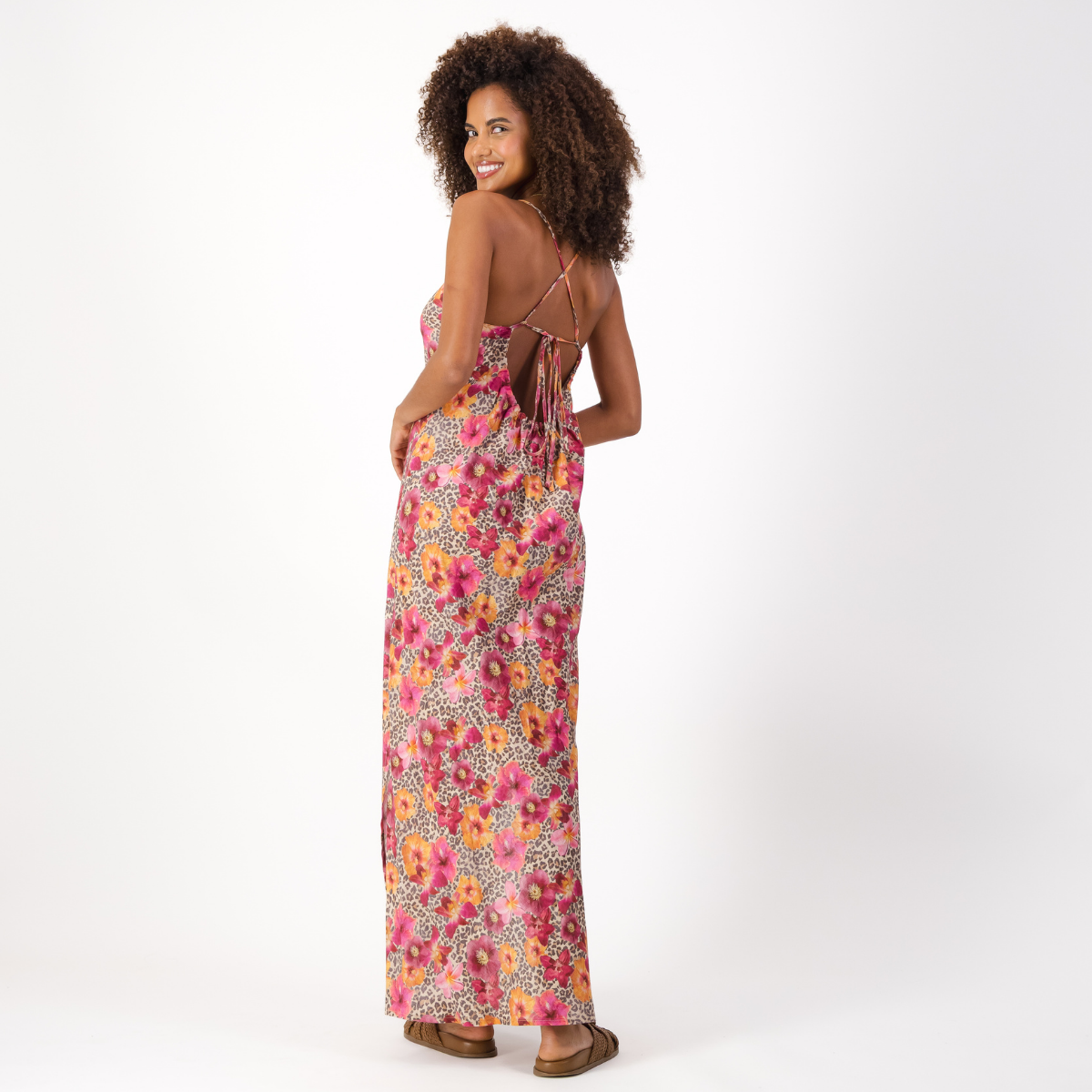 Womens Long Strappy Shift Dress / Leopard Floral