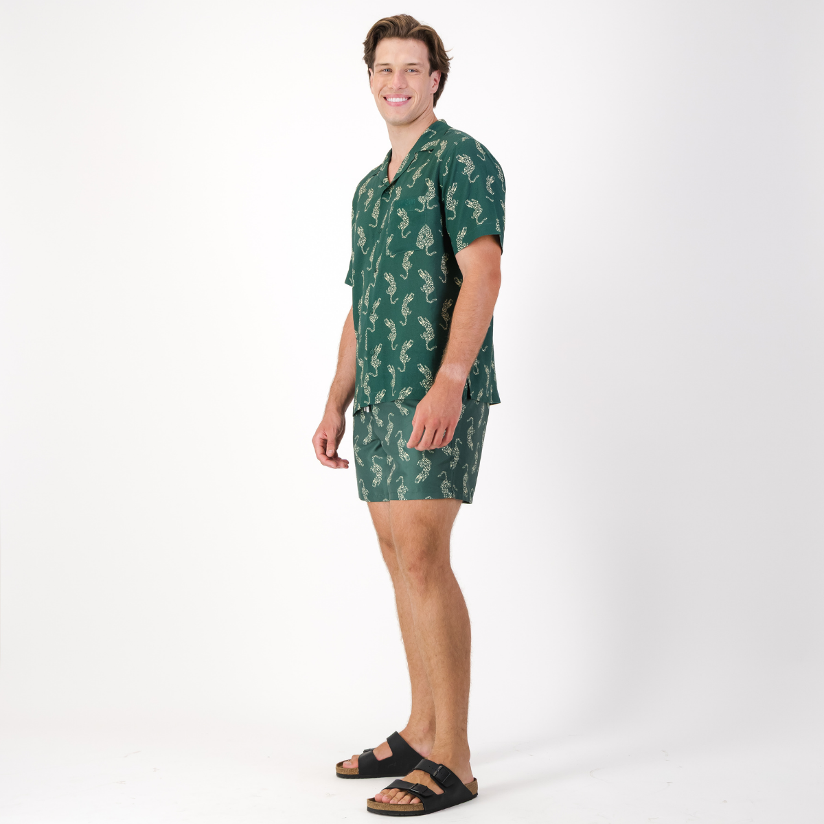 Mens Short Sleeve Revere Collar Shirt | Leopard / Emerald