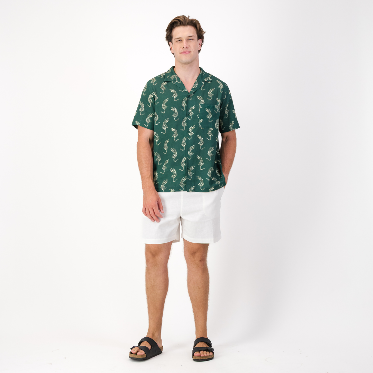 Mens Short Sleeve Revere Collar Shirt | Leopard / Emerald