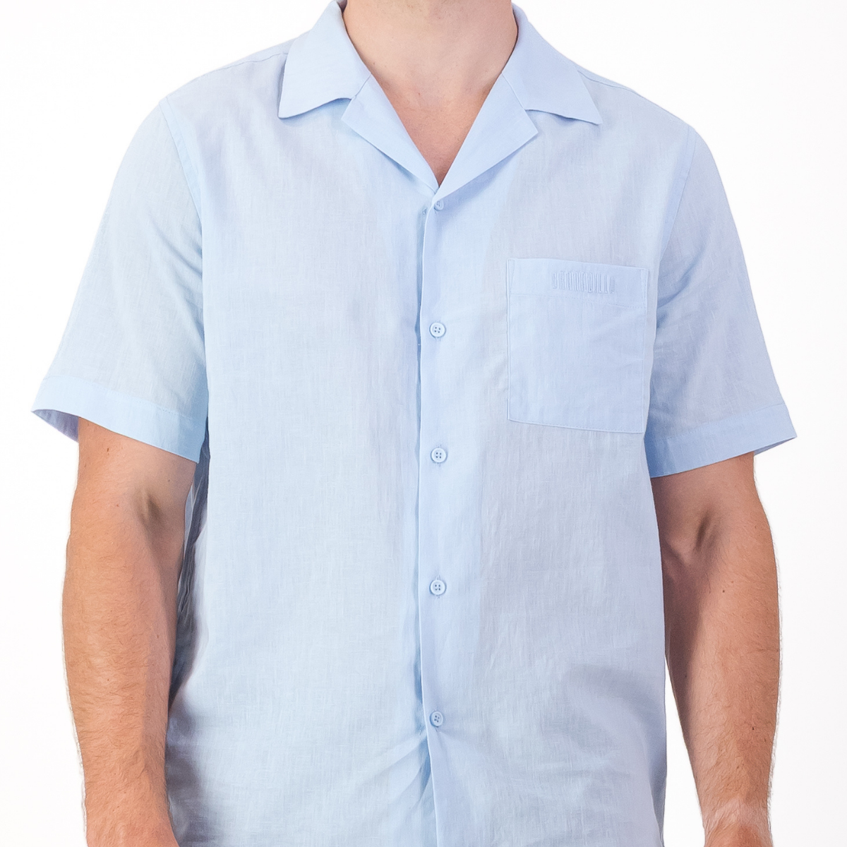 Mens Linen Short Sleeve Revere Collar Shirt | Plain / Light Blue