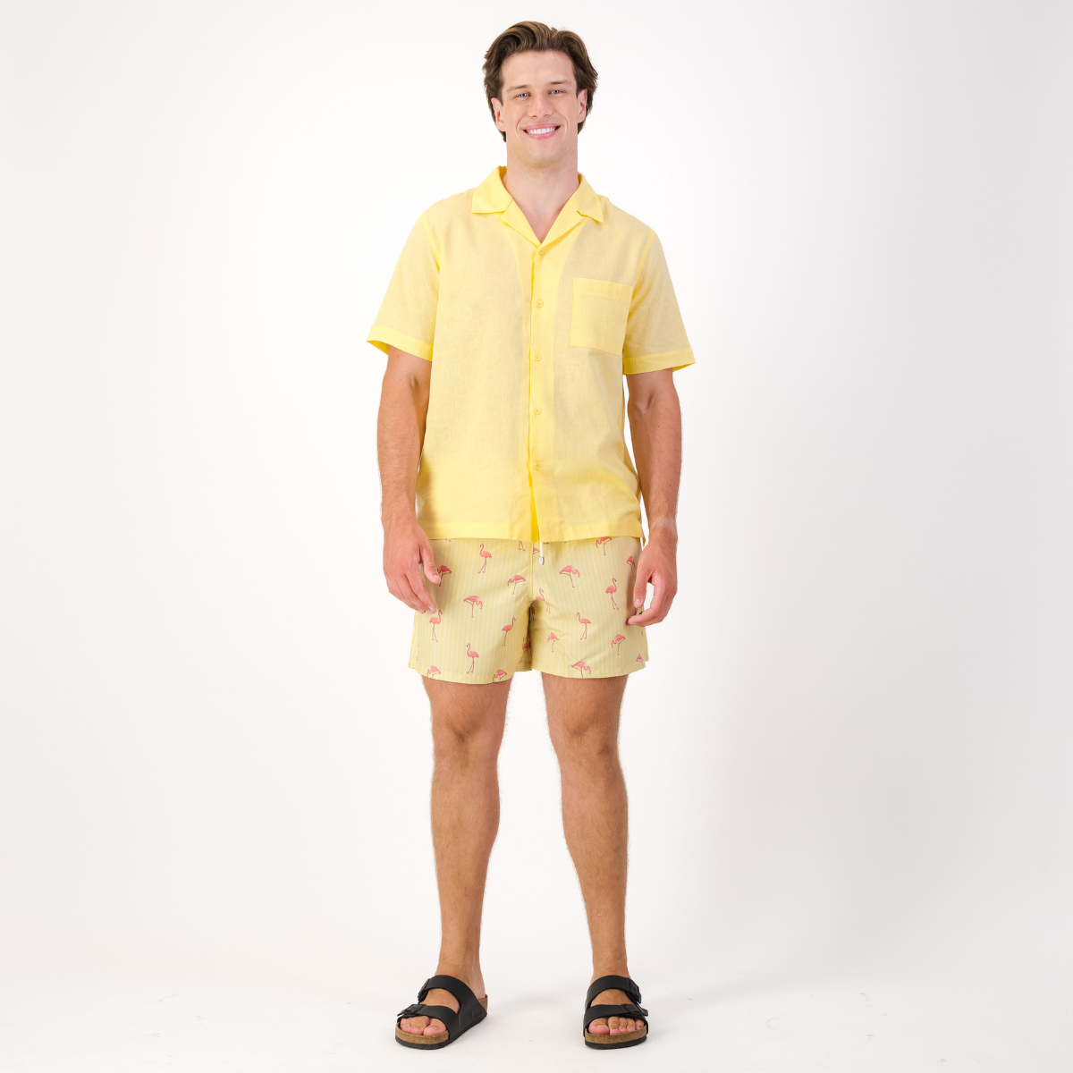 Mens Short Sleeve Revere Collar Shirt | Plain / Yellow