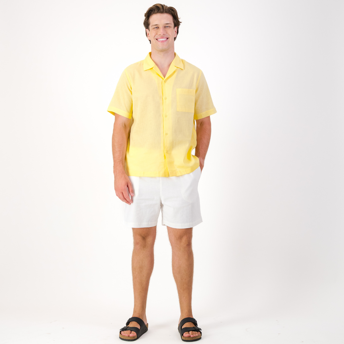 Mens Short Sleeve Revere Collar Shirt | Plain / Yellow