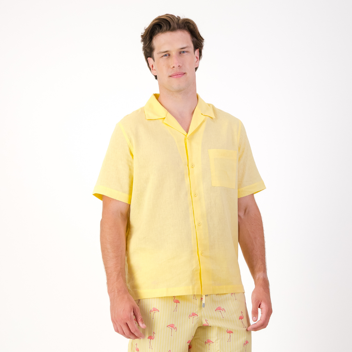 Mens Short Sleeve Revere Collar Shirt | Plain / Yellow