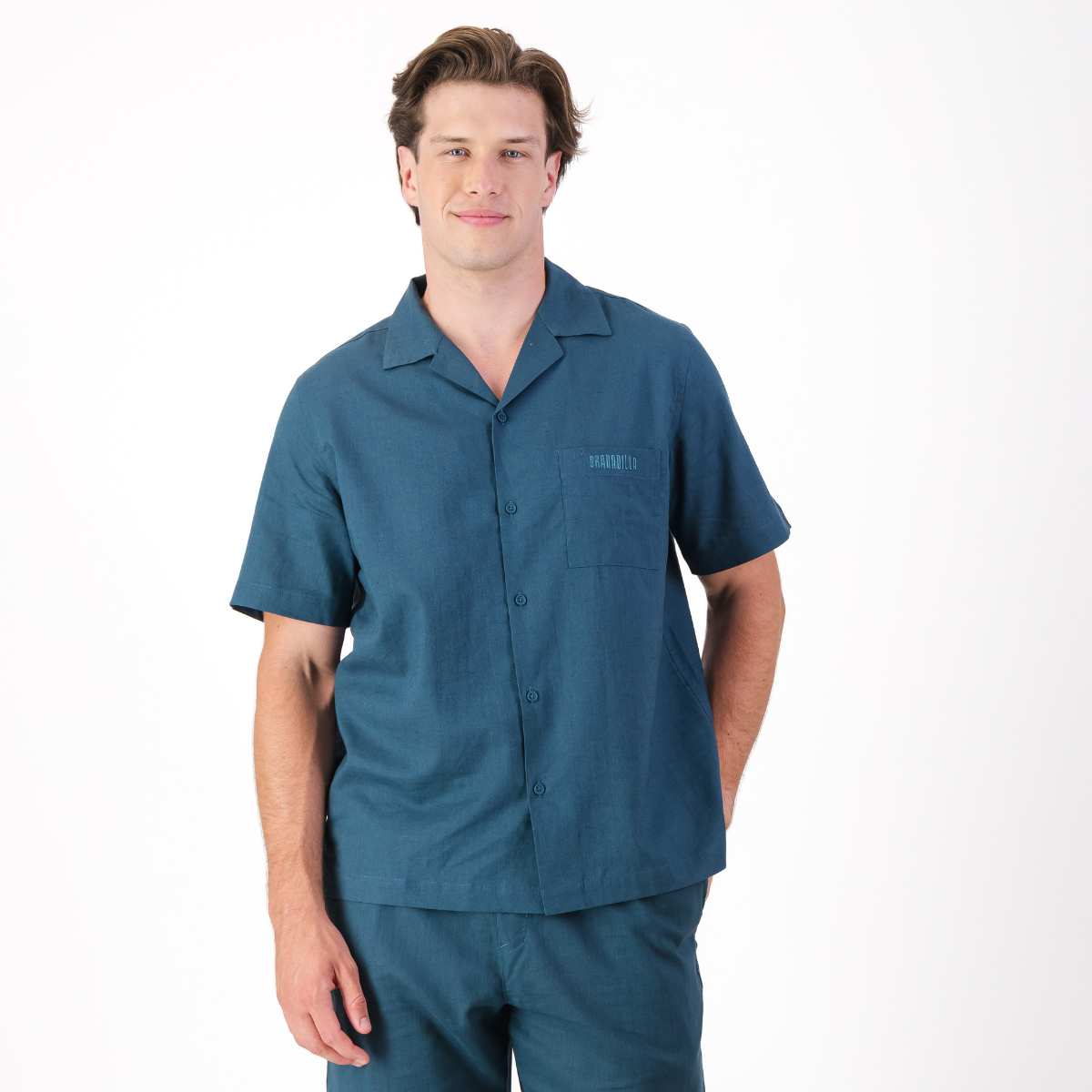 Mens Short Sleeve Revere Collar Shirt | Plain / Teal