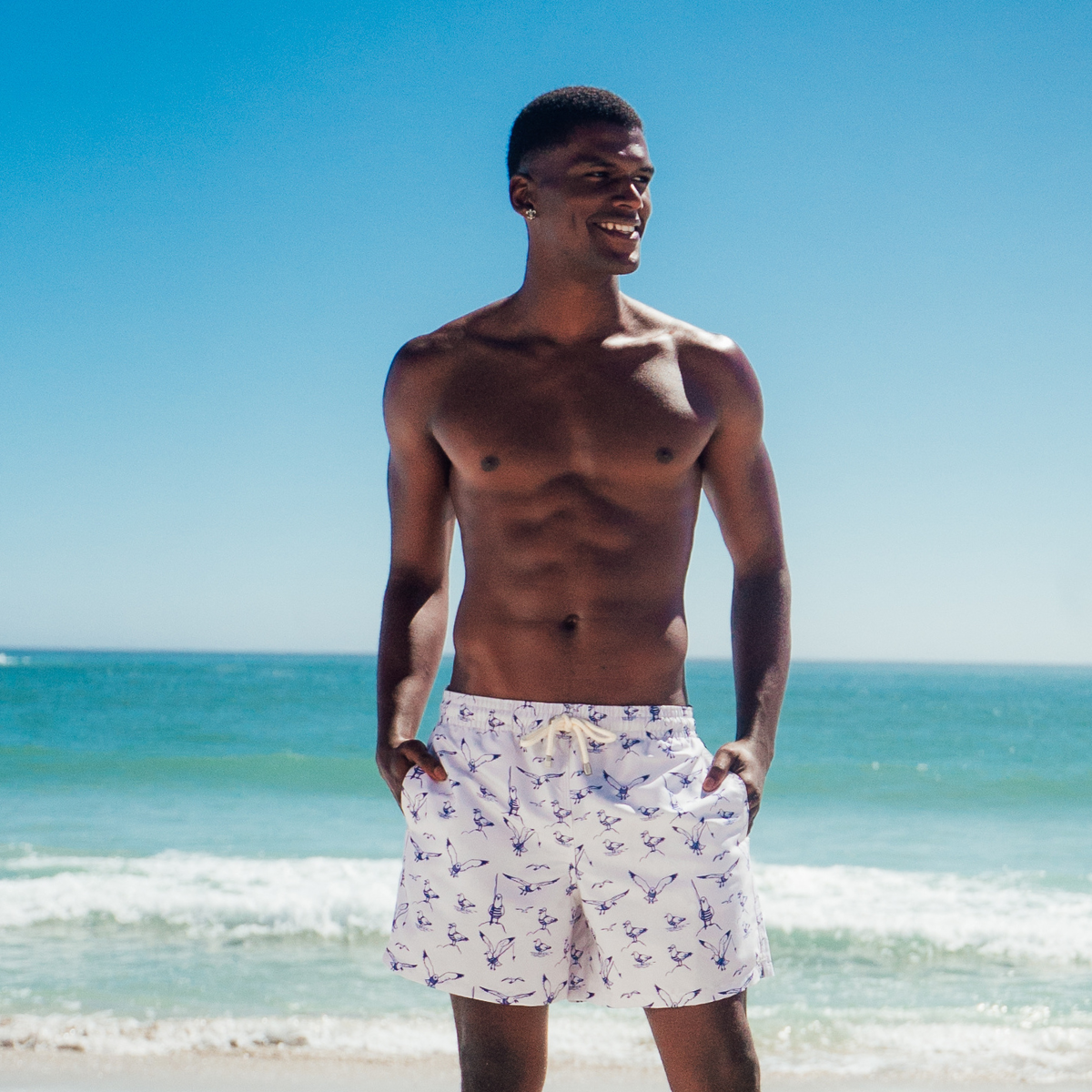 Mid-length Swim Shorts | Seagulls / Cream