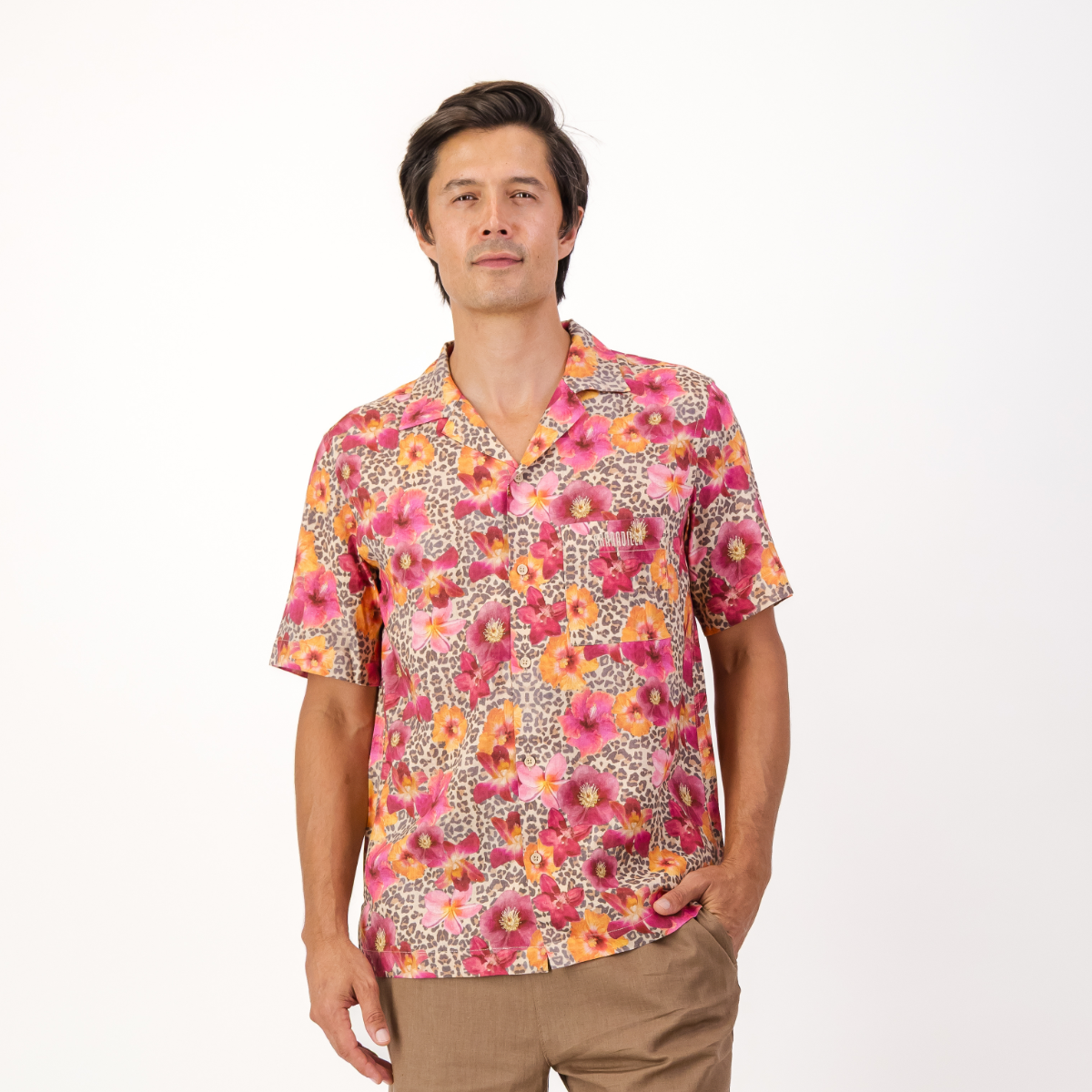 Mens Short Sleeve Revere Collar Shirt | Leopard Floral / Multi