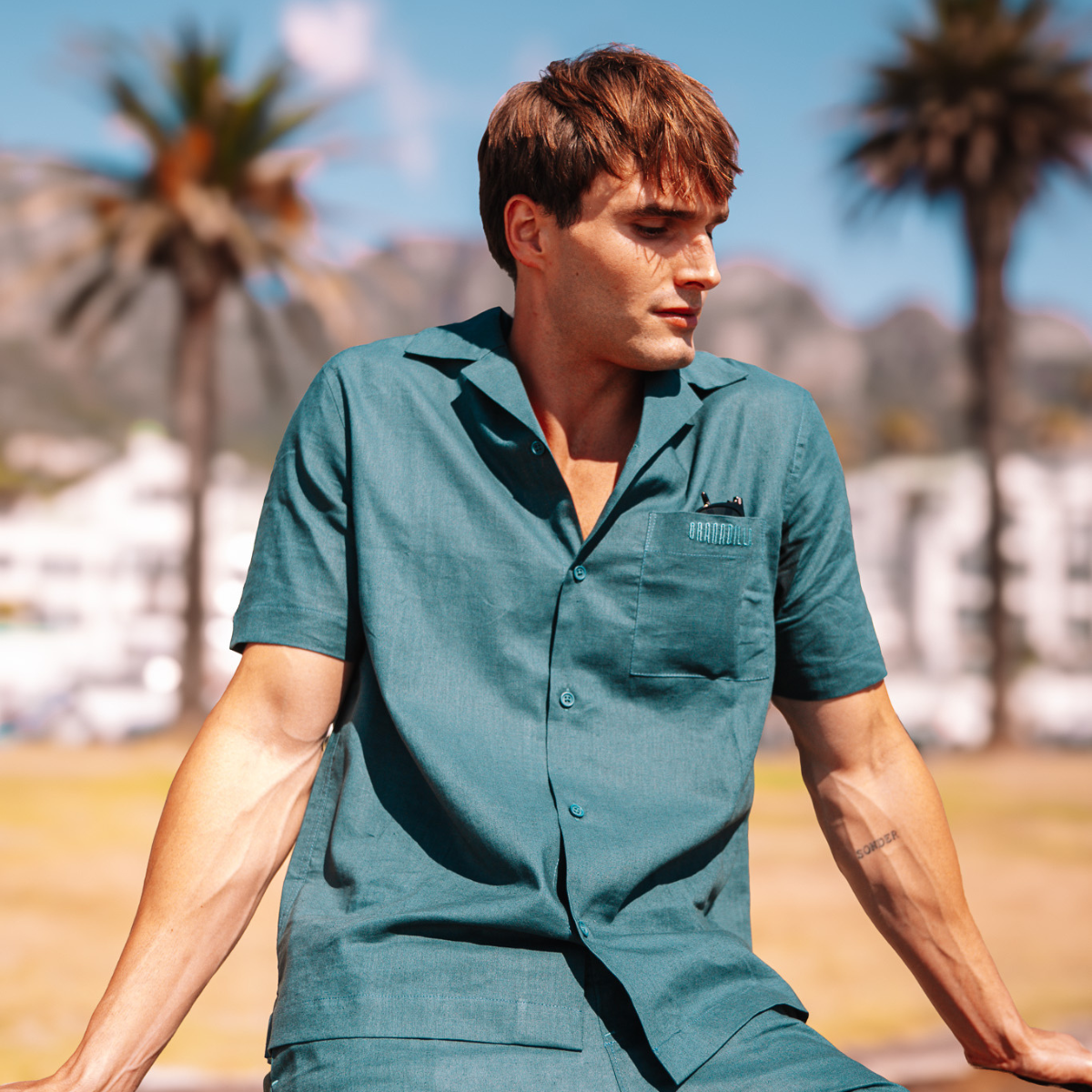 Mens Short Sleeve Revere Collar Shirt | Plain / Teal