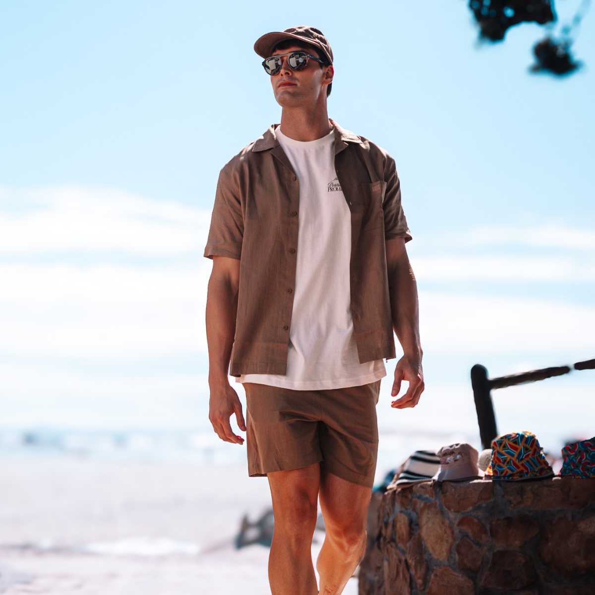 Mens Short Sleeve Revere Collar Shirt | Plain / Stone