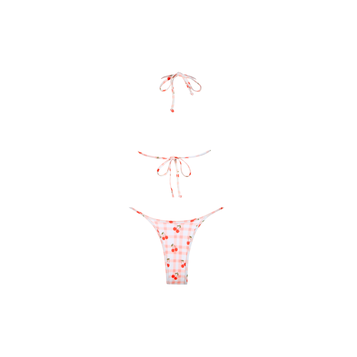 Bikini set with red and white cherry gingham pattern on a white background